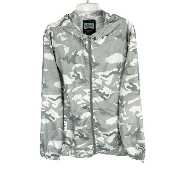 Beautiful Giant Gray Camo Packable Hooded Full Zip Windbreaker Jacket Mens Large - Picture 1 of 9